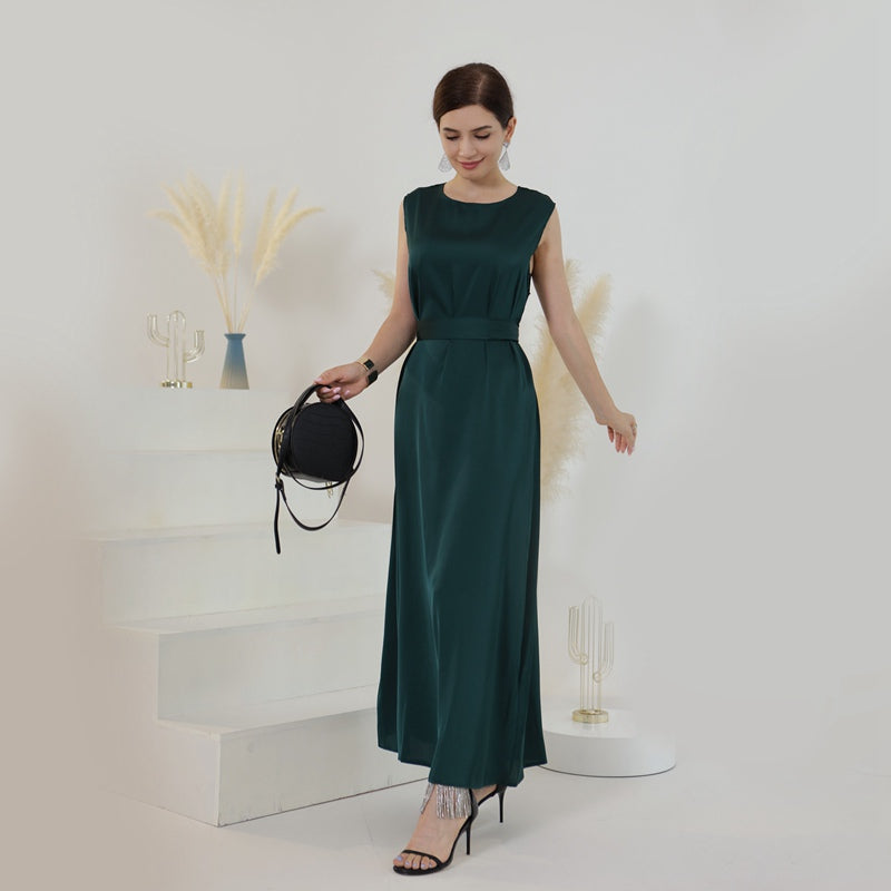 Dark Green - S - Muslim Women Satin Sleeveless Abaya Inner Slip Dress Underdress