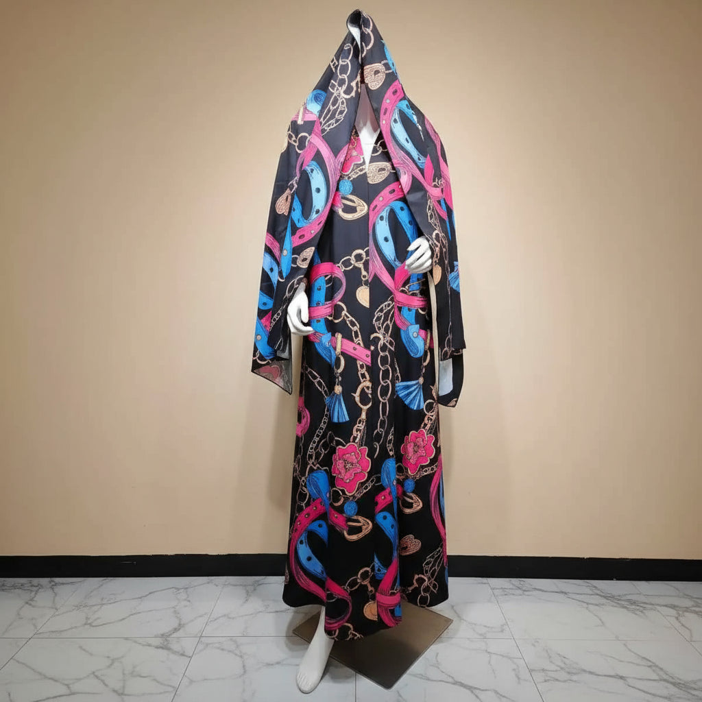 Printed Cardigan Open Abaya Dress With Matching Hijab For Muslim Women #25234