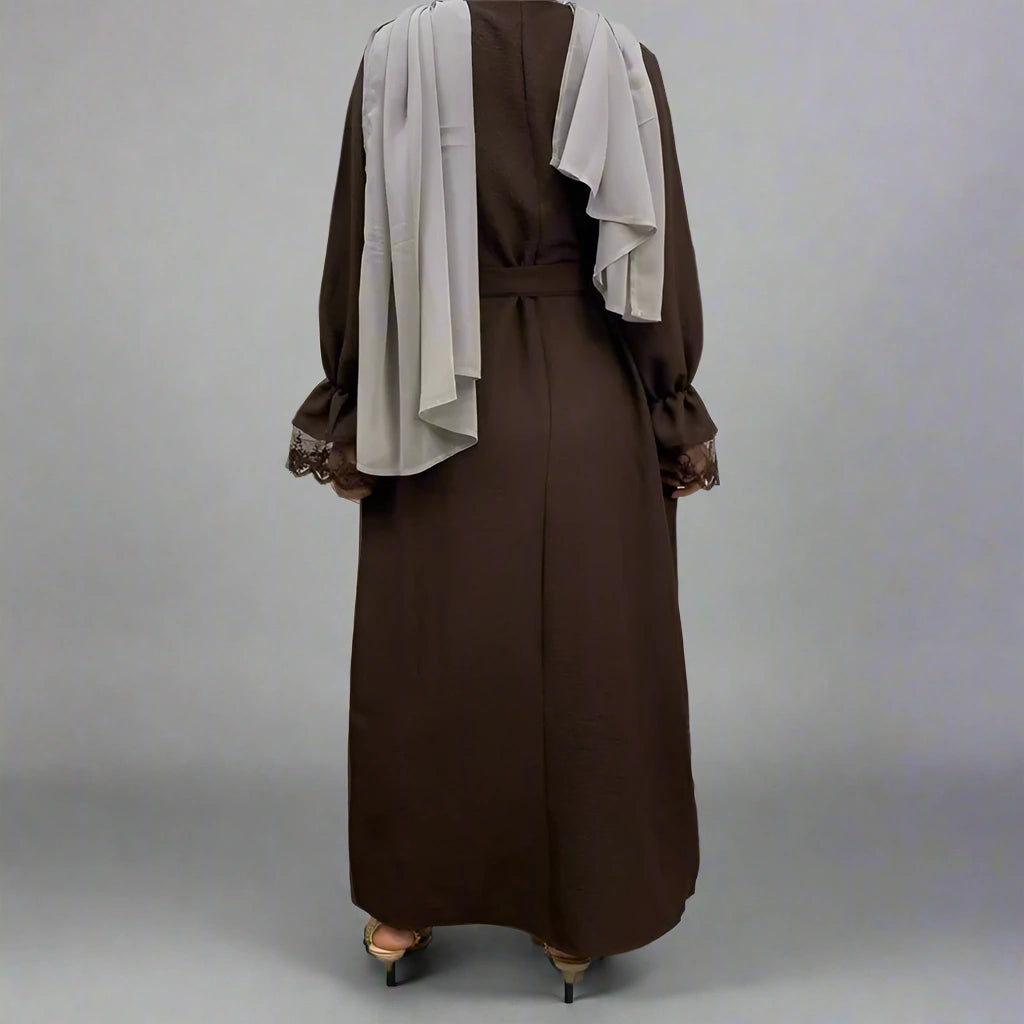 فستان عباية نسائي مسلم بأكمام من الدانتيل وسحاب أمامي مع جيب