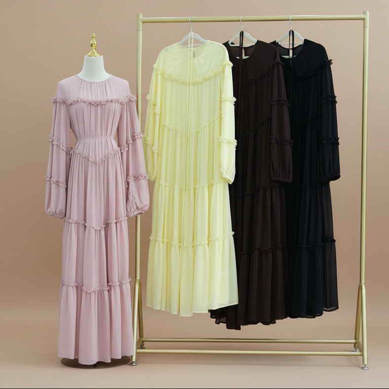 Muslim Women Double Layers Chiffon Tiered Ruffle Abaya Dress #261161