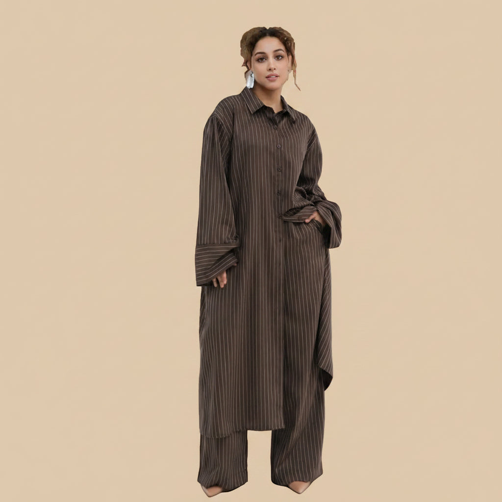 2 Pieces Set Abaya Tops And Pants Suit Set - With Stripe Pattern - Muslim Women Daily Wear - #261293
