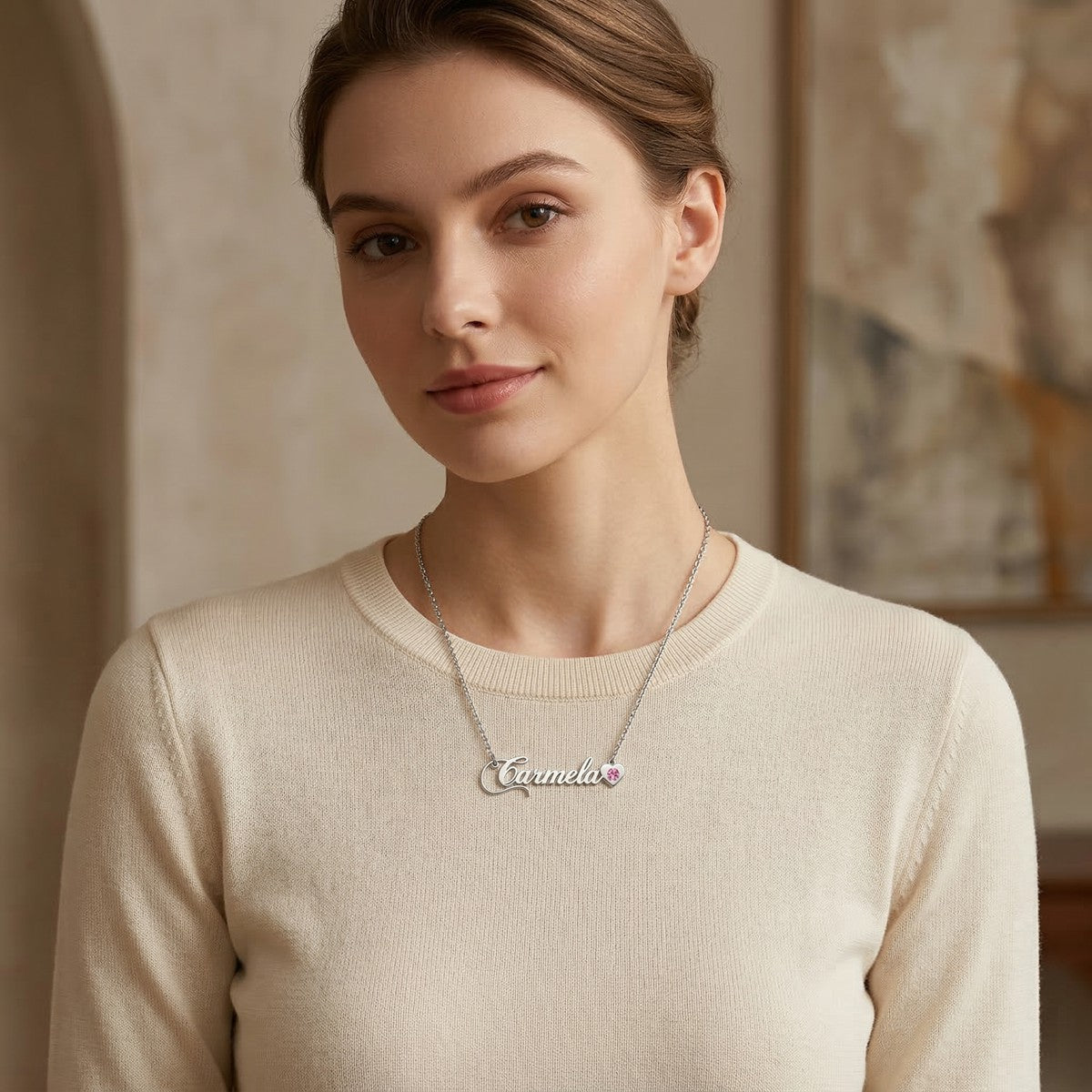 قلادة اسم شخصية باللغتين العربية والإنجليزية مع حجر الميلاد #3ZX