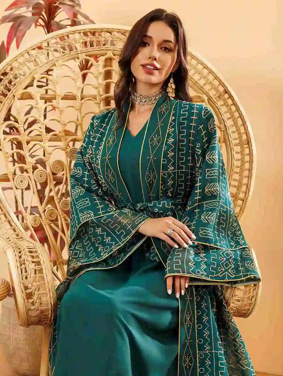 طقم قفطان عيد دوريس مكون من قطعتين مع فستان داخلي بدون أكمام #24445