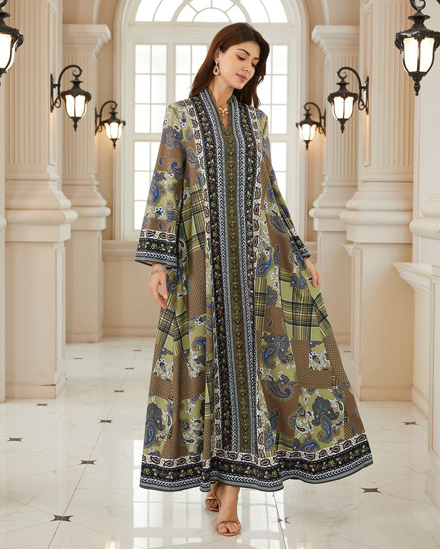 Eid Printed Hotfix Rhinestones Muslim Women Caftan Kaftan Dress #26SX19