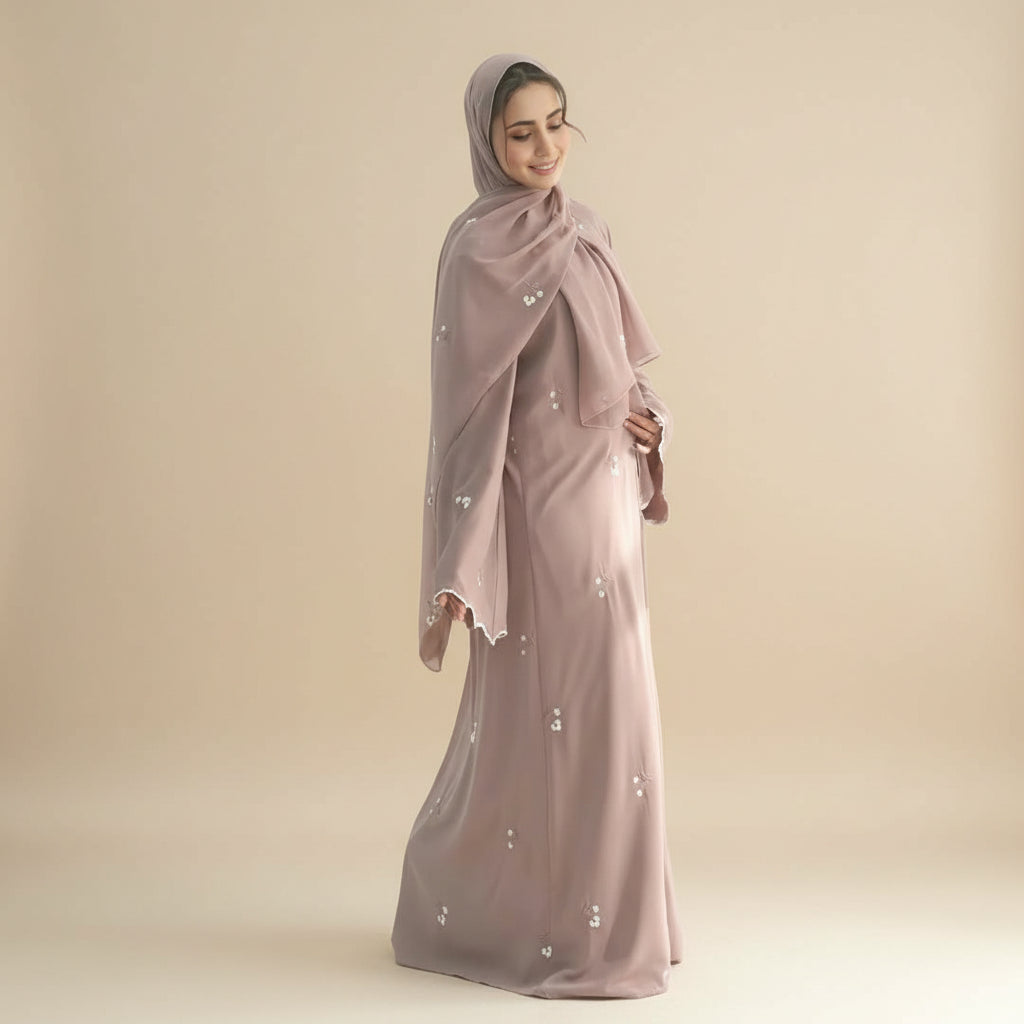 Flower Embroidery Nida Open Abaya Dress With Matching Hijab #251120