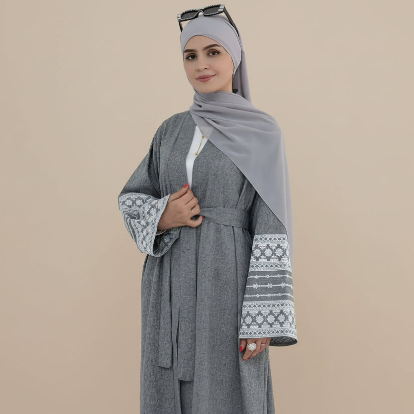 Embroidery Sleeve Cardigan Open Abaya Dress