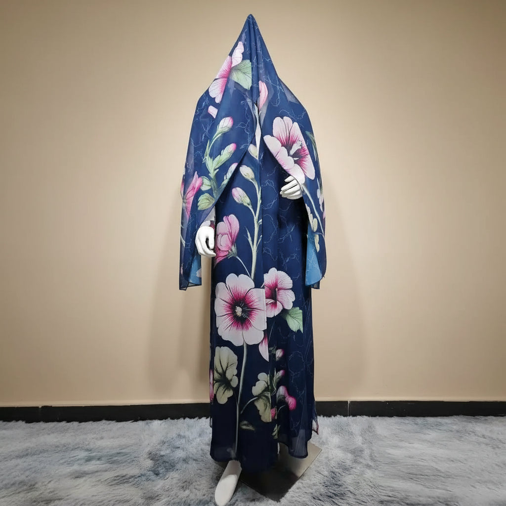 فستان عباية مفتوح من كارديجان مطبوع للنساء المسلمات مع حجاب متناسق #25239