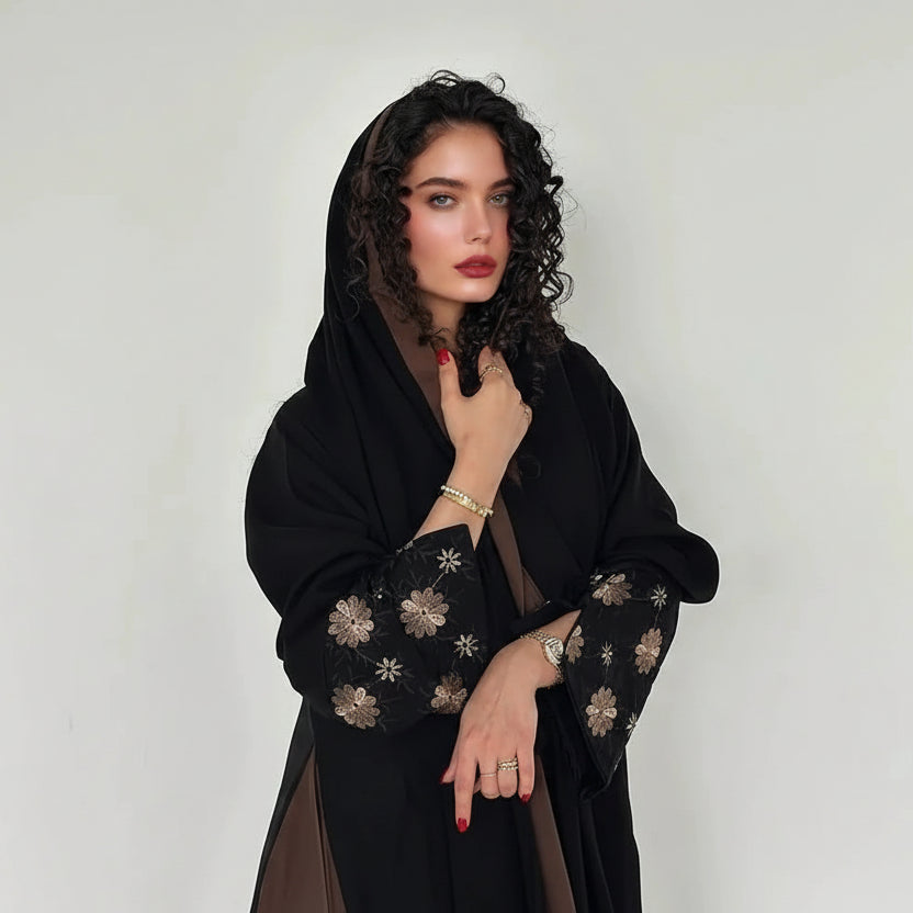 Cardigan Open Abaya Dress - Embroidered Flower - Brown - #25187