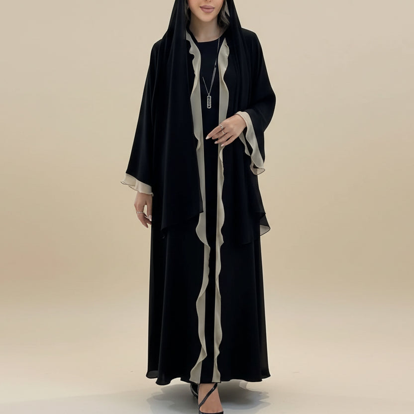 Cardigan Open Abaya Dress - Flounced - Black - #25179