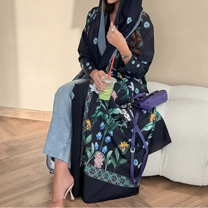 فستان عباية مفتوح من الكارديجان المطبوع مع حجاب متناسق للنساء المسلمات #25236