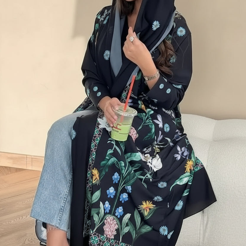 فستان عباية مفتوح من الكارديجان المطبوع مع حجاب متناسق للنساء المسلمات #25236