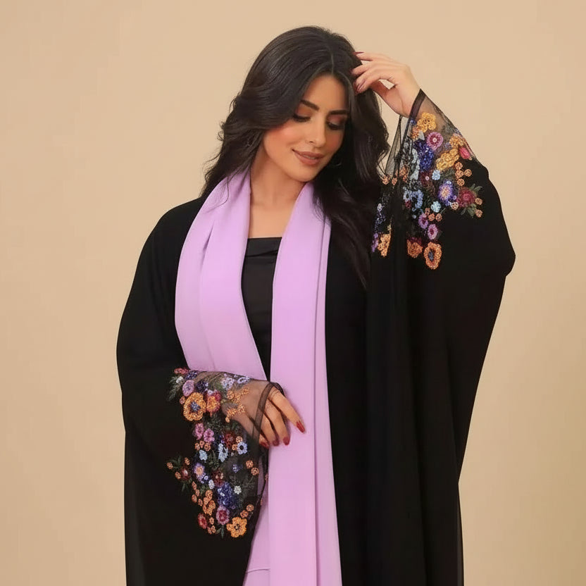 Flower Sleeve Cardigan Open Abaya Dress With Hijab #25208