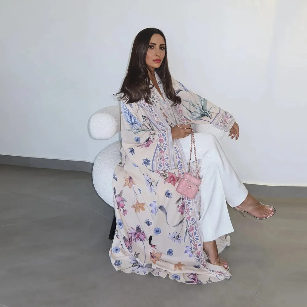 Printed Cardigan Open Abaya Dress With Matching Hijab #25223