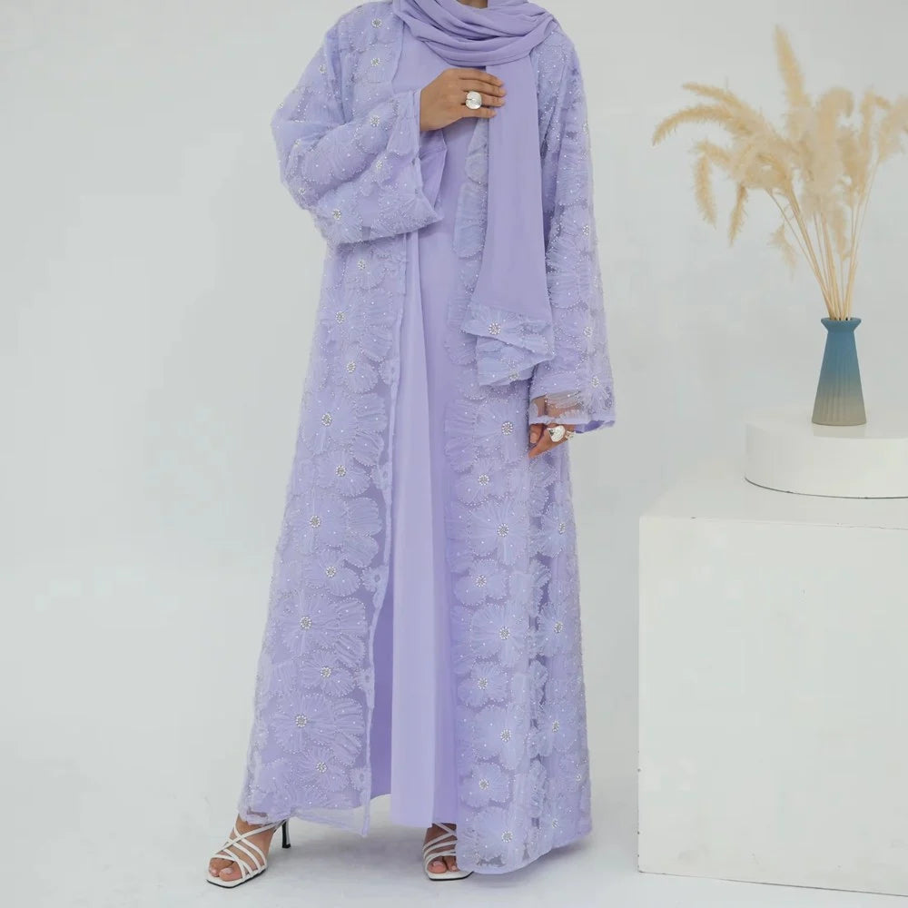 Luxury 3 Pieces Set Hand-stitched 3D Flowers Beads Open Abaya Dress Set With Hijab #251069