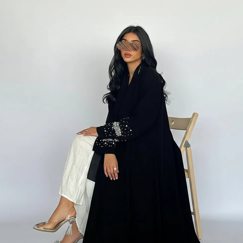 With Hijab Hotfix Rhinestone Beads Cardigan Open Abaya Dress