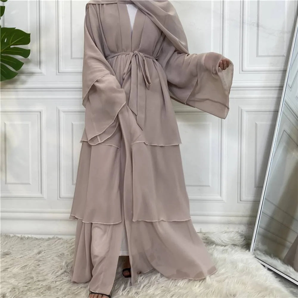 Apricot 3 Layer Chiffon Open Abaya Dress #25C1896