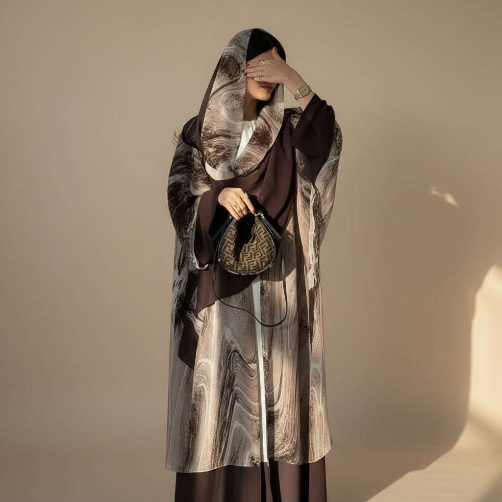 فستان عباية مفتوح من الشيفون المطبوع مع حجاب متناسق #25222