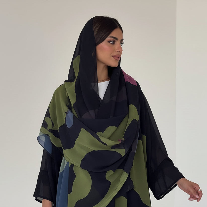 Muslim Women Printed Cardigan Open Abaya Dress With a Matching Hijab #26M265