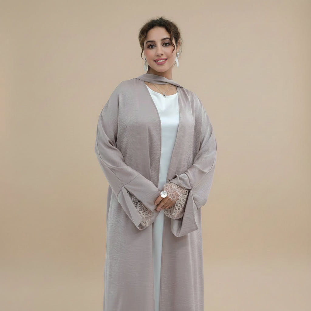 Lace Cuff Open Abaya Dress - For Muslim Women - Black/Coffee/Khaki - #261181
