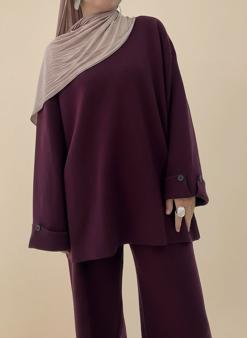 Winter Fall Muslim Women Thick Knitted 2 Pieces Set Tops And Pants Suit Set #25W006