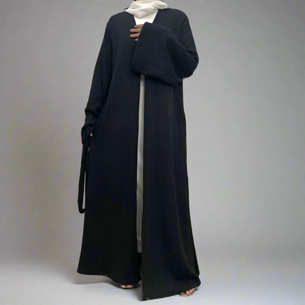 Winter Fall Muslim Women Wool Open Abaya Dress With Pocket