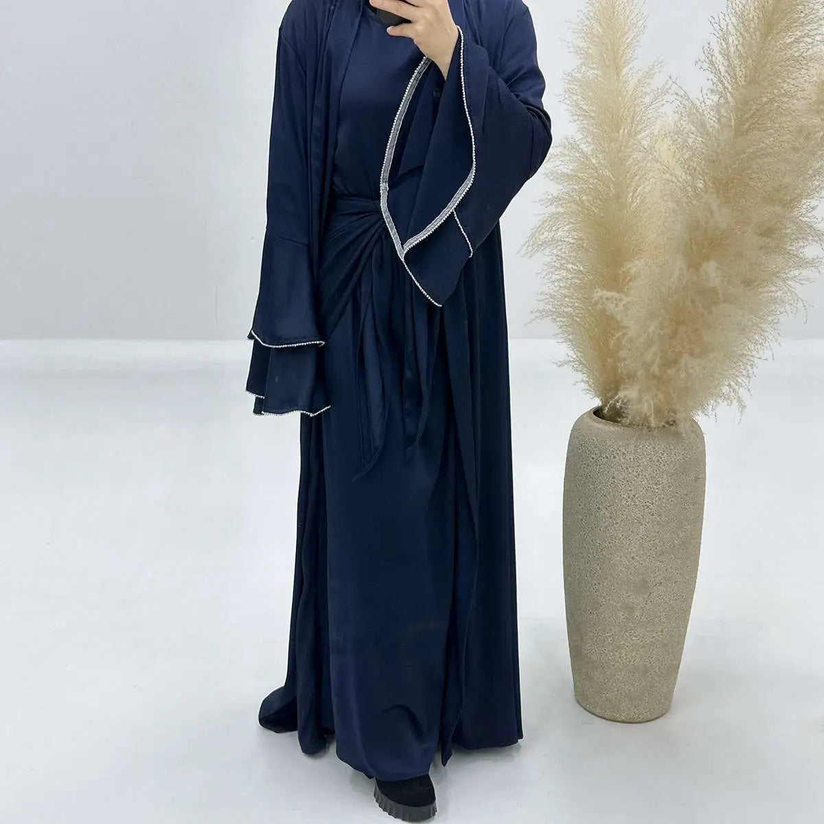 Eid Outfits 3 Pieces Set Satin Open Abaya Dress Set With Inne Dress And Midi Wrap