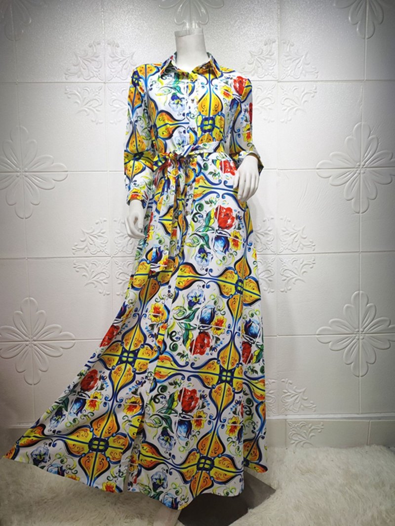Printed Long Sleeves Women Kaftan Dresses Jalabiya