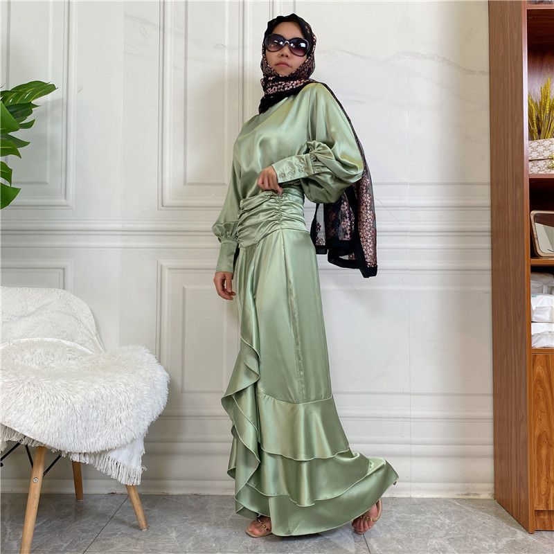 Muslim Women Satin Robe Dress 2 Pieces Set With Tops And Skirt