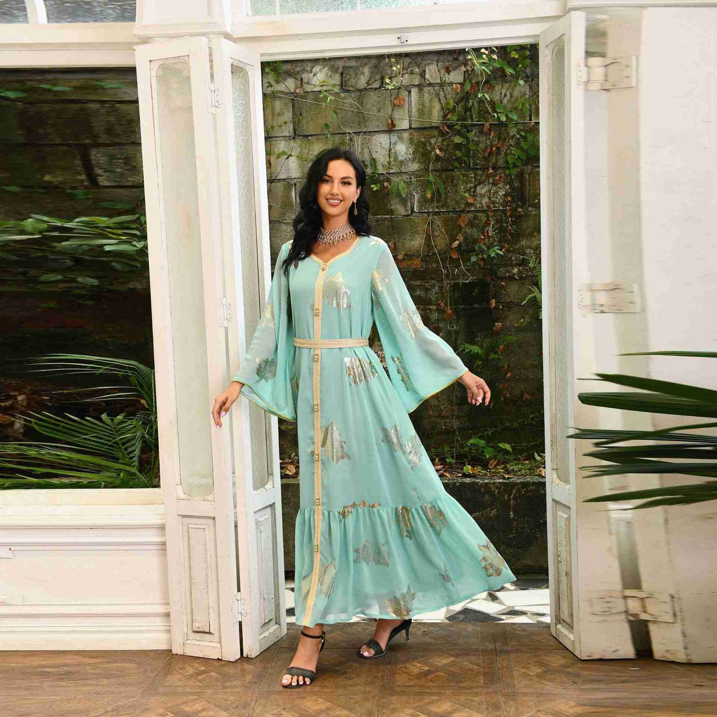 Medium Green Eid Dress Bronzing Chiffon Caftan Kaftan Dress