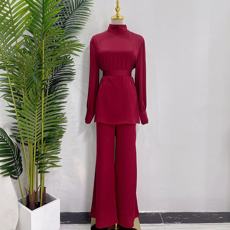 Muslim Women Abaya Pants Set Satin Office Wear Work Clothing 2 Pieces Suit Set With Tops And Pants