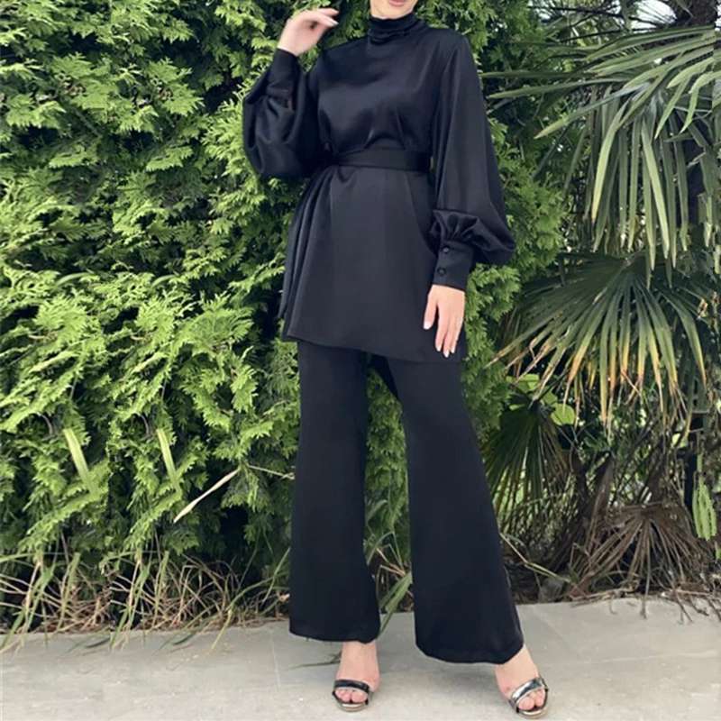 Muslim Women Abaya Pants Set Satin Office Wear Work Clothing 2 Pieces Suit Set With Tops And Pants