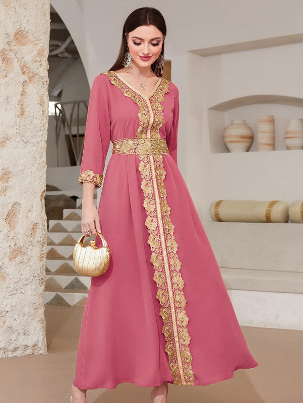 Middle East Vintage Elegant Women Caftan Kaftan Dress With Lace Embroidered