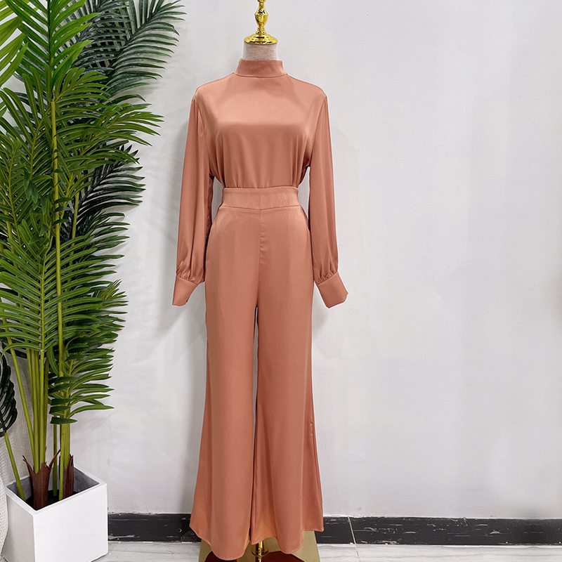 Muslim Women Abaya Pants Set Satin Office Wear Work Clothing 2 Pieces Suit Set With Tops And Pants