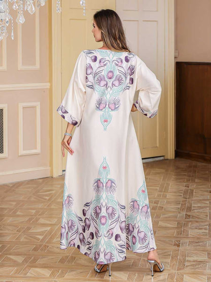 Eid Hotfix Rhinestones Printed Caftan Kaftan Dress #25212