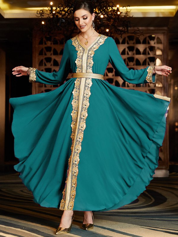 Arab Double Layers Chiffon Lace Embroidered Women Caftan Kaftan Dress