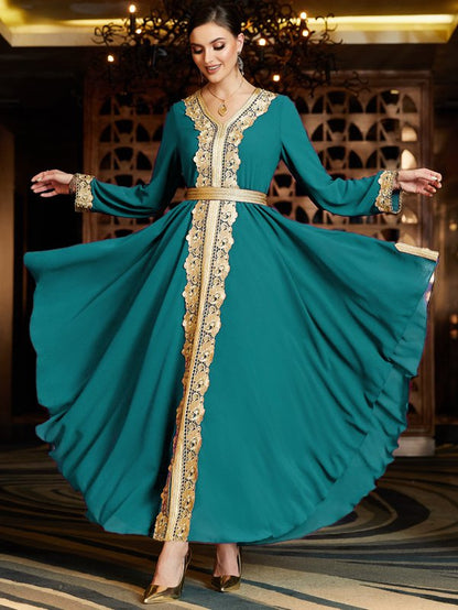 Arab Double Layers Chiffon Lace Embroidered Women Caftan Kaftan Dress