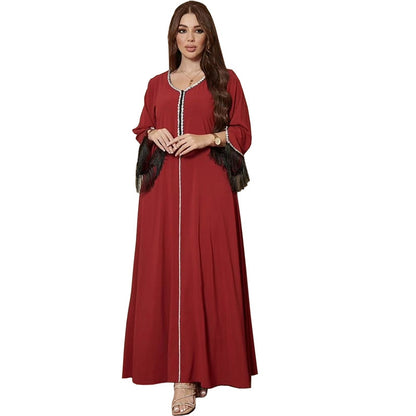 Hotfix Rhinestone Tassel Women Caftan Kaftan Abaya Dress