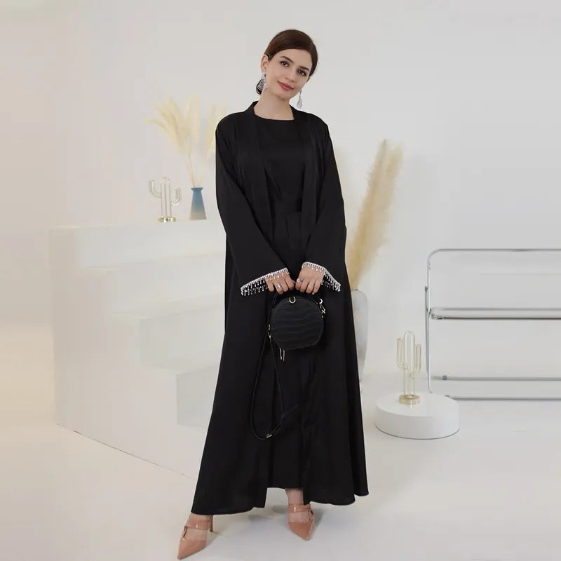 Muslim Women Beads Sleeve Satin Cardigan Open Abaya Dress Eid Celebration