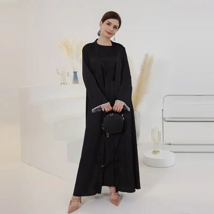 Muslim Women Beads Sleeve Satin Cardigan Open Abaya Dress Eid Celebration