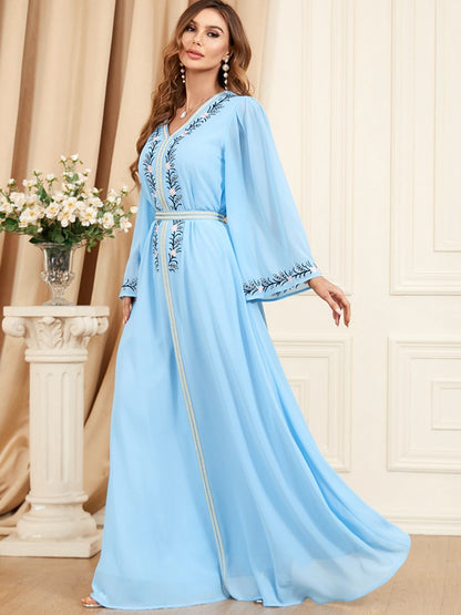 Eid Dress Middle East Caftan Women Casual Party Wear Embroidery Chiffon Kaftan Dress