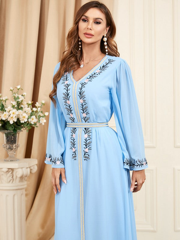 Eid Dress Middle East Caftan Women Casual Party Wear Embroidery Chiffon Kaftan Dress