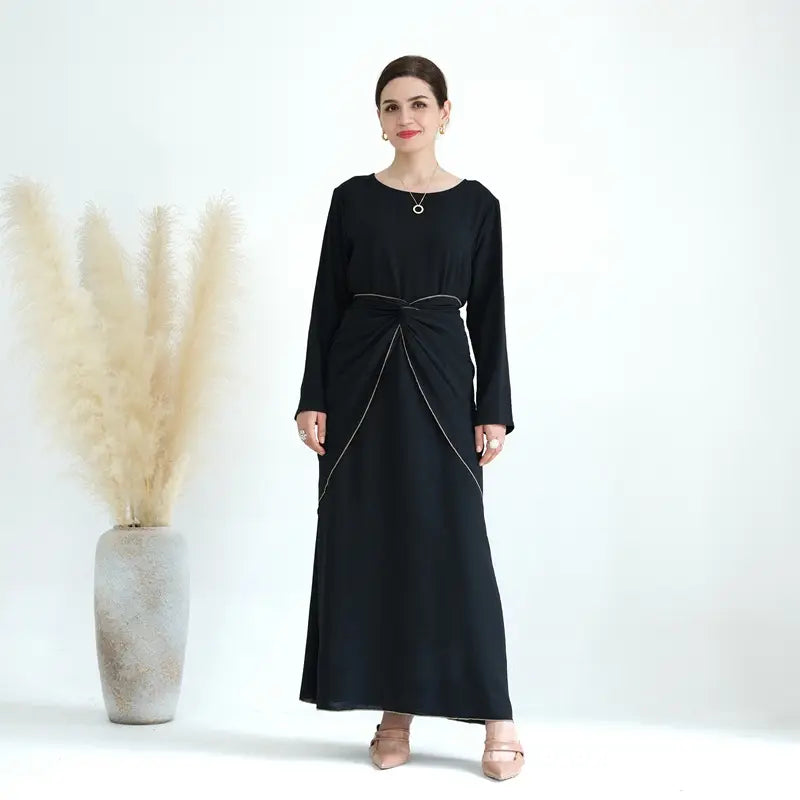 Muslim Women 4 Pieces Sets Wrinkle Open Abaya Dress Set With Out Abaya, Mid Wrap, Inner Sleeveless Dress And Hijab Scarf