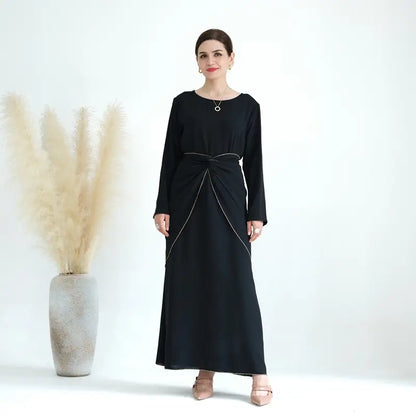 Muslim Women 4 Pieces Sets Wrinkle Open Abaya Dress Set With Out Abaya, Mid Wrap, Inner Sleeveless Dress And Hijab Scarf