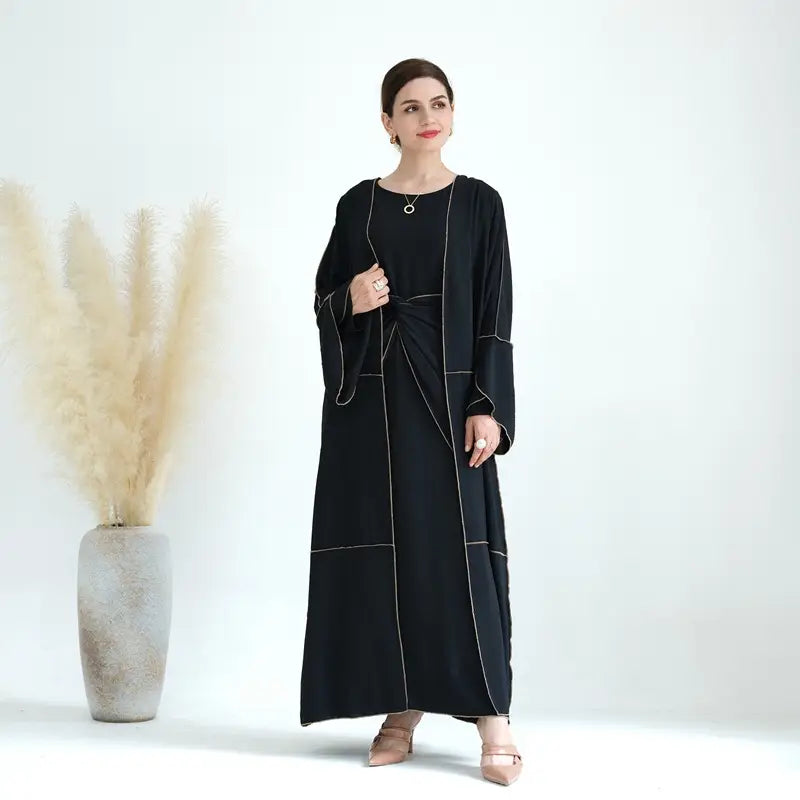 Muslim Women 4 Pieces Sets Wrinkle Open Abaya Dress Set With Out Abaya, Mid Wrap, Inner Sleeveless Dress And Hijab Scarf