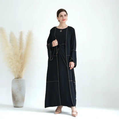 Muslim Women 4 Pieces Sets Wrinkle Open Abaya Dress Set With Out Abaya, Mid Wrap, Inner Sleeveless Dress And Hijab Scarf