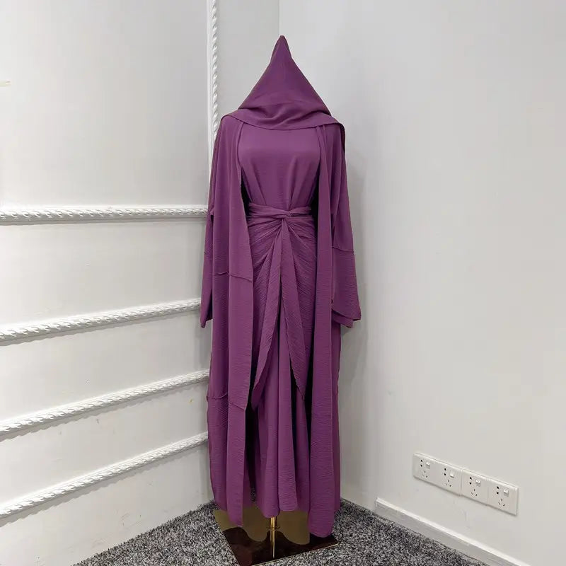 Muslim Women 4 Pieces Sets Wrinkle Open Abaya Dress Set With Out Abaya, Mid Wrap, Inner Sleeveless Dress And Hijab Scarf