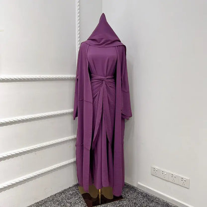 Muslim Women 4 Pieces Sets Wrinkle Open Abaya Dress Set With Out Abaya, Mid Wrap, Inner Sleeveless Dress And Hijab Scarf