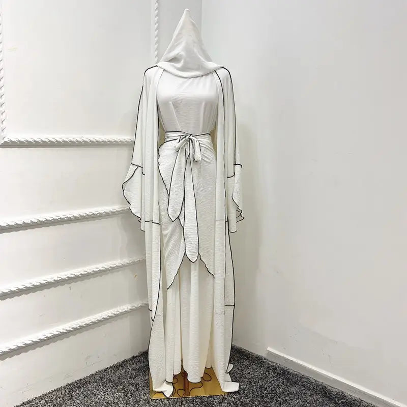 Muslim Women 4 Pieces Sets Wrinkle Open Abaya Dress Set With Out Abaya, Mid Wrap, Inner Sleeveless Dress And Hijab Scarf