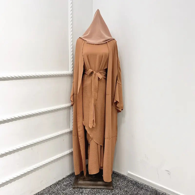 Muslim Women 4 Pieces Sets Wrinkle Open Abaya Dress Set With Out Abaya, Mid Wrap, Inner Sleeveless Dress And Hijab Scarf