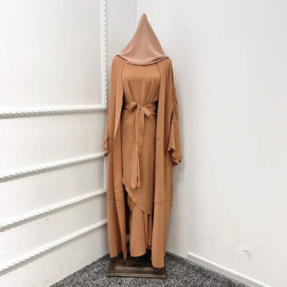 Muslim Women 4 Pieces Sets Wrinkle Open Abaya Dress Set With Out Abaya, Mid Wrap, Inner Sleeveless Dress And Hijab Scarf